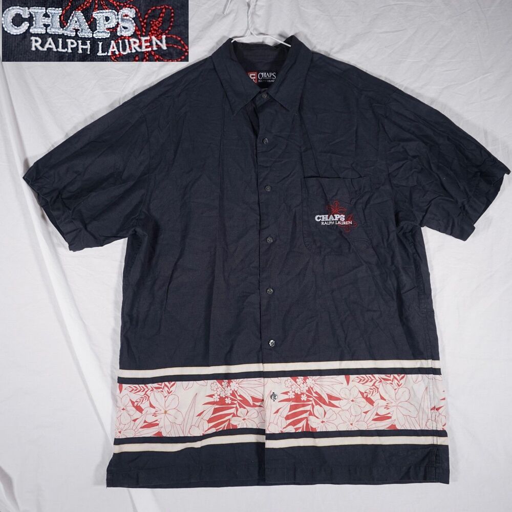 Chaps Ralph Lauren Vintage Hawaiian Shirt Embroidered Button Up Black Large